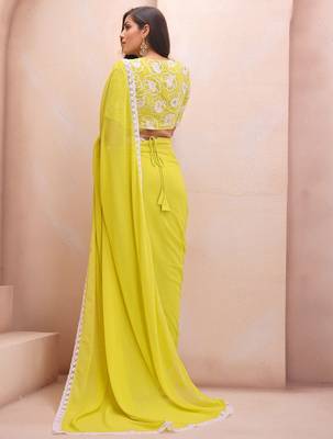yellow embroidered saree with blouse piece 3
