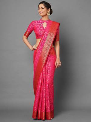 pink pink & gold-toned silk blend banarasi saree 1