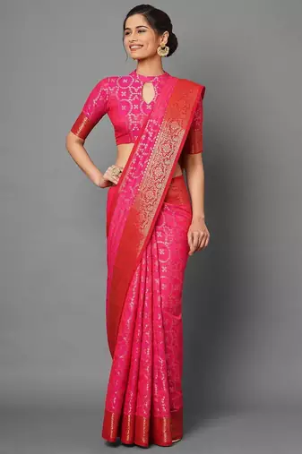 pink pink & gold-toned silk blend banarasi saree