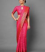 pink pink & gold-toned silk blend banarasi saree