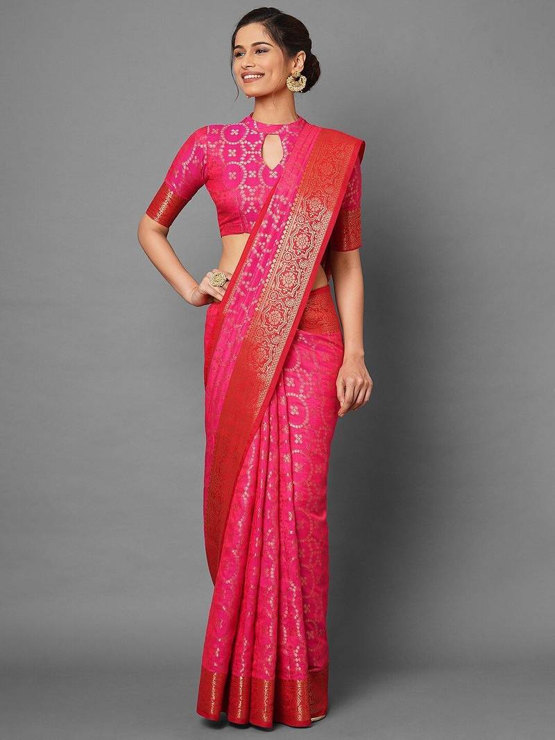 pink pink & gold-toned silk blend banarasi saree