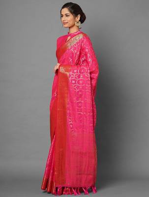 pink pink & gold-toned silk blend banarasi saree 2