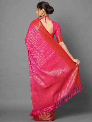 pink pink & gold-toned silk blend banarasi saree 3