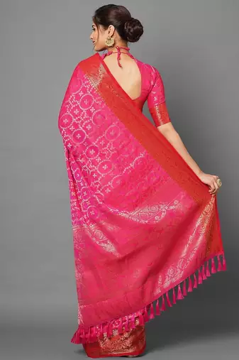 pink pink & gold-toned silk blend banarasi saree