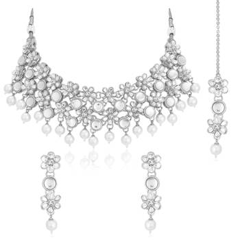 silver-plated artificial stones and -studded jewellery set with maangtikka 3