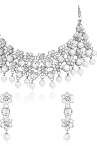 silver-plated artificial stones and -studded jewellery set with maangtikka