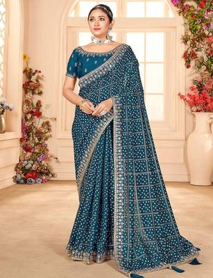 blue bandhani printed embroidered zari saree 1