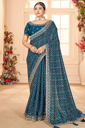 blue bandhani printed embroidered zari saree