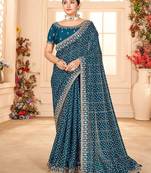 blue bandhani printed embroidered zari saree