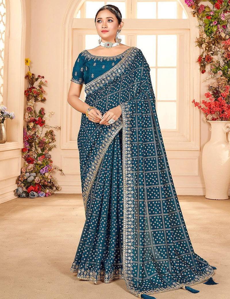 blue bandhani printed embroidered zari saree