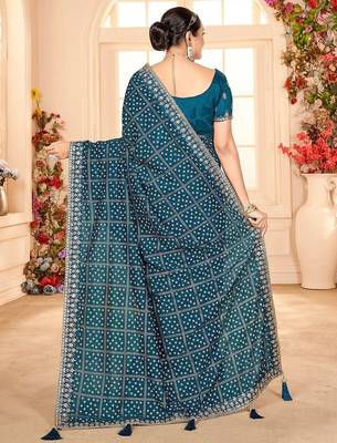 blue bandhani printed embroidered zari saree 2