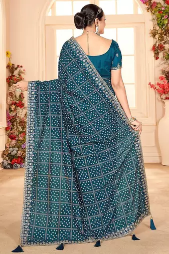 blue bandhani printed embroidered zari saree