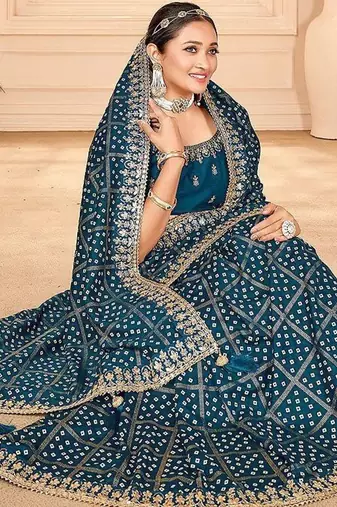 blue bandhani printed embroidered zari saree