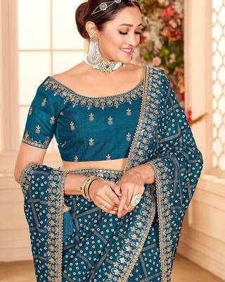 blue bandhani printed embroidered zari saree 4