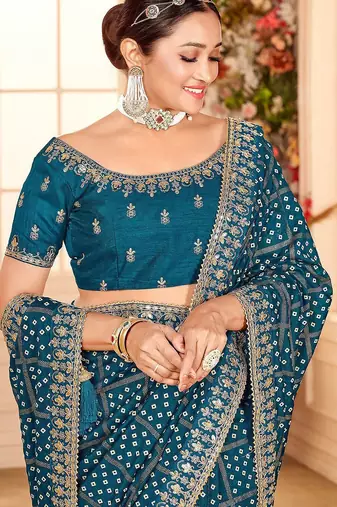 blue bandhani printed embroidered zari saree