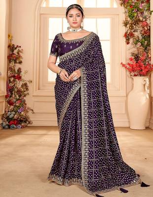 purple bandhani printed embroidered zari saree 1