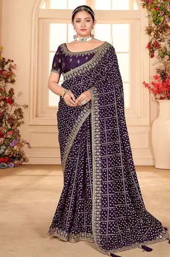 purple bandhani printed embroidered zari saree