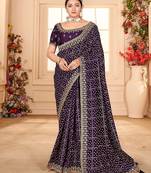 purple bandhani printed embroidered zari saree