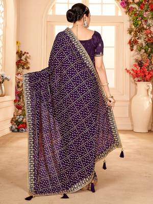 purple bandhani printed embroidered zari saree 2