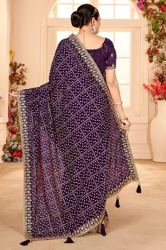 purple bandhani printed embroidered zari saree