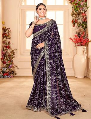 purple bandhani printed embroidered zari saree 3