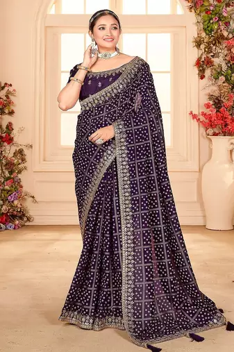 purple bandhani printed embroidered zari saree