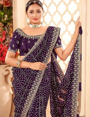 purple bandhani printed embroidered zari saree 4