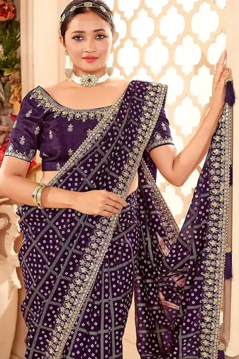 purple bandhani printed embroidered zari saree