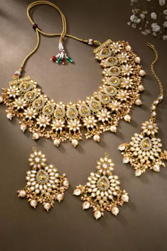 gold & white gold plated kundan pearls jewellery set