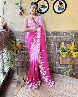 pink faux georgette with crush pattern sequinned saree 1