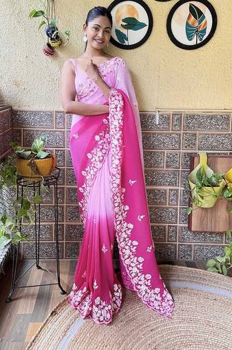 pink faux georgette with crush pattern sequinned saree