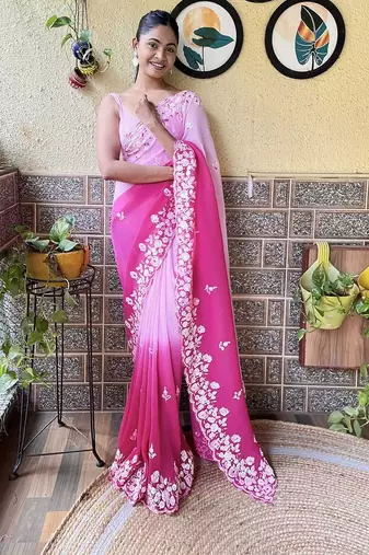 pink faux georgette with crush pattern sequinned saree