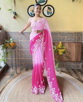 pink faux georgette with crush pattern sequinned saree 2