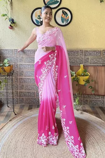 pink faux georgette with crush pattern sequinned saree