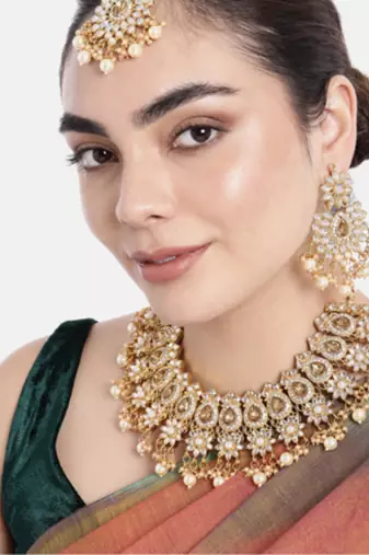 gold & white gold plated kundan pearls jewellery set