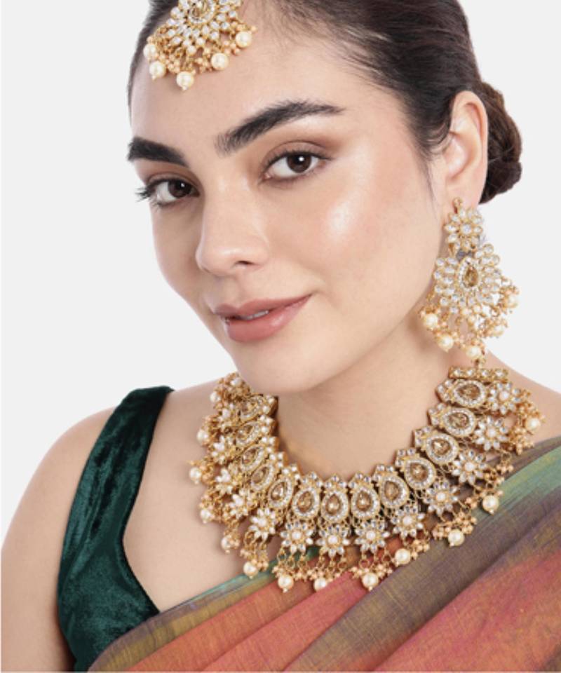 gold & white gold plated kundan pearls jewellery set