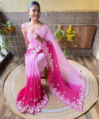 pink faux georgette with crush pattern sequinned saree 3
