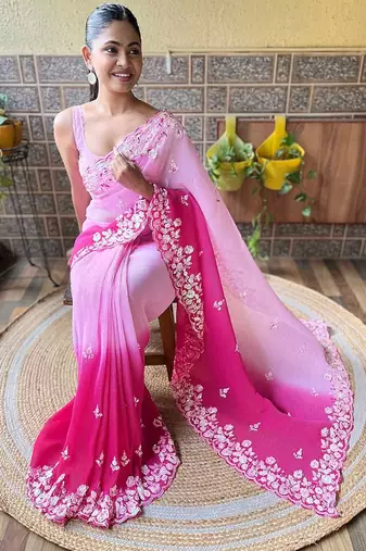 pink faux georgette with crush pattern sequinned saree