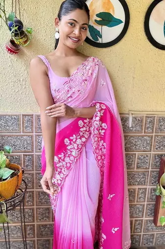 pink faux georgette with crush pattern sequinned saree