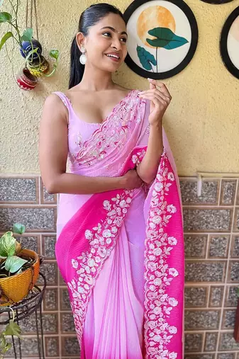 pink faux georgette with crush pattern sequinned saree