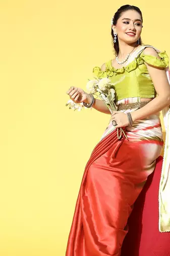red tie and dye satin saree with embellished border