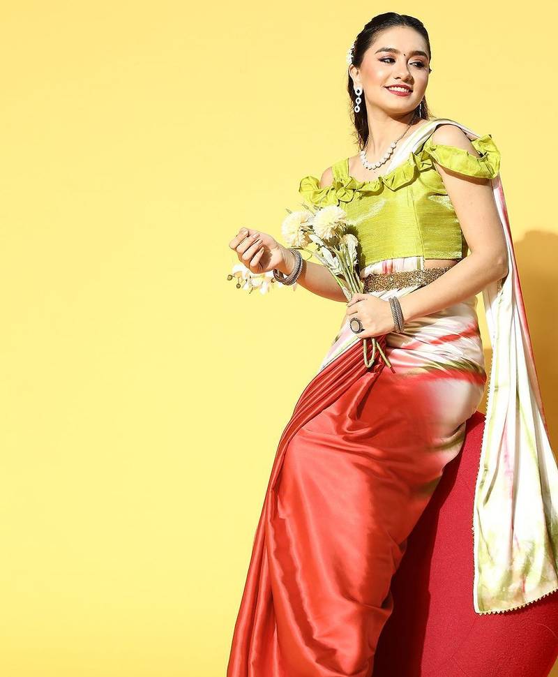 red tie and dye satin saree with embellished border
