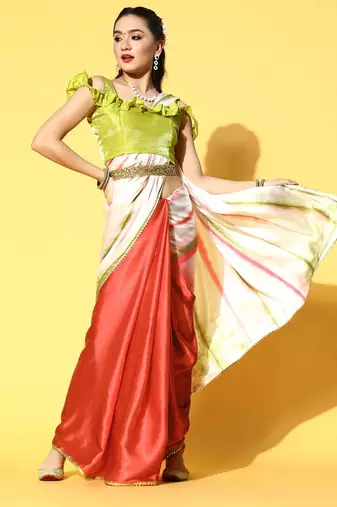 red tie and dye satin saree with embellished border