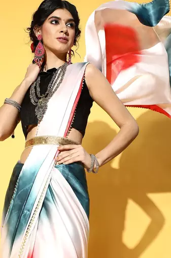 white tie and dye satin saree with embellished border