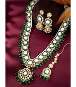 green kundan studded long necklace earrings and maangtikka set ethnic jewellery for women
