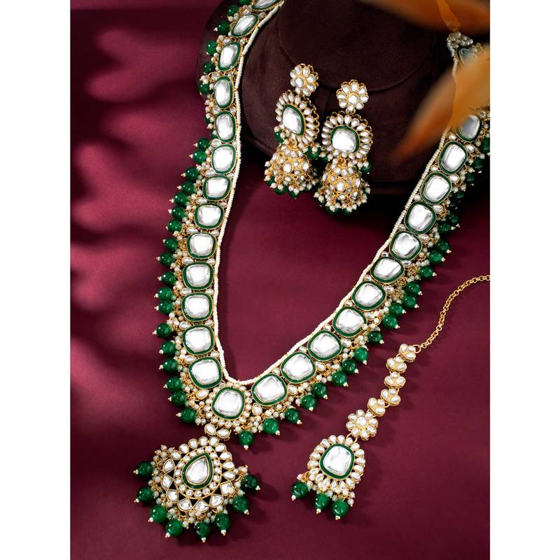 green kundan studded long necklace earrings and maangtikka set ethnic jewellery for women