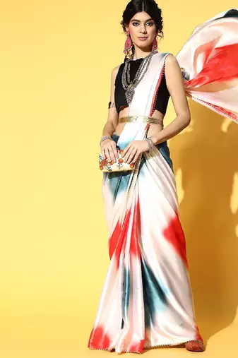 white tie and dye satin saree with embellished border