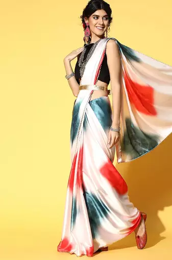 white tie and dye satin saree with embellished border