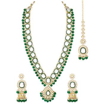 green kundan studded long necklace earrings and maangtikka set ethnic jewellery for women 2