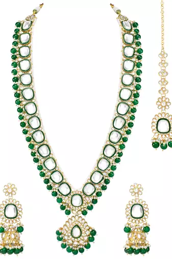 green kundan studded long necklace earrings and maangtikka set ethnic jewellery for women